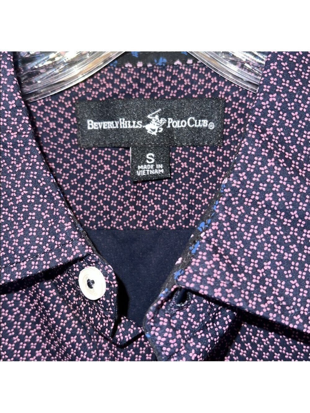 Beverly Hills Polo Club Navy and Purple/Plum Patterned Shirt, Size Men’s Small - Picture 2 of 9